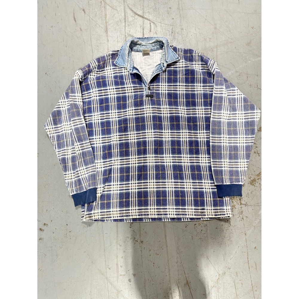 Vintage Structure Active Wear Plaid Polo Shirt Denim Collar Blue Mens Large USA